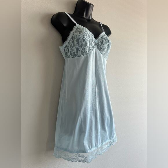 Vintage 1960's 1970's  Baby Blue Lace Slip Dress Lingerie Size S  Made in USA - Picture 2 of 6